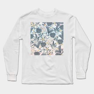 Tropical Grey Gold Foliage Floral Pattern Long Sleeve T-Shirt